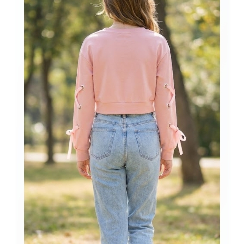 Chic Pink Lace-Up Sleeve Sweatshirt - Picture 3 of 8